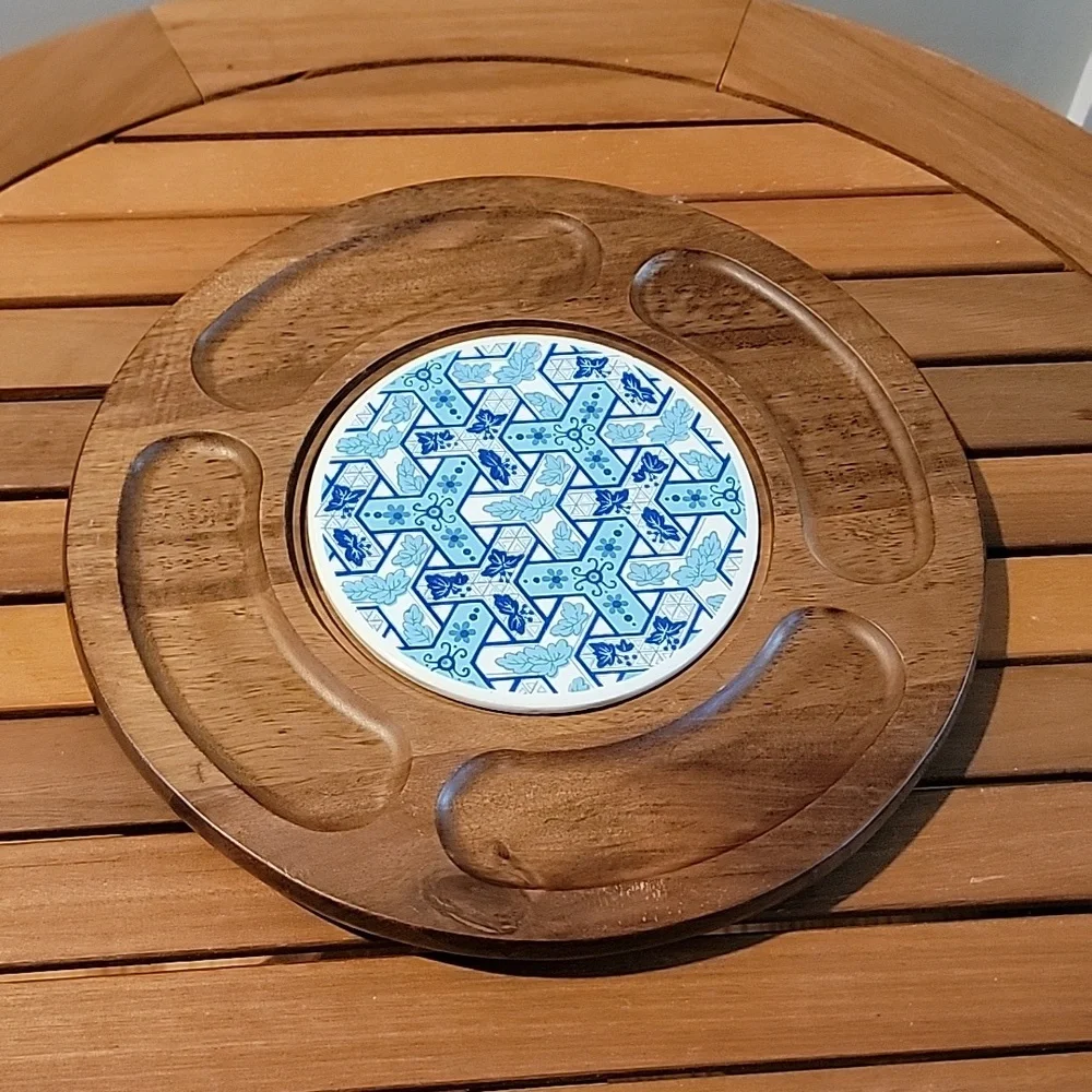 Vintage Gail Craft MCM‎ Wood Blue Porcelain Cheese Charcuterie Board